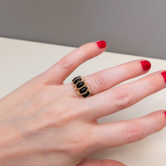 14K Gold 5-Stone Black Coral Ring – Marquise Cabochons, Size 5¼ - Picture 13 of 16